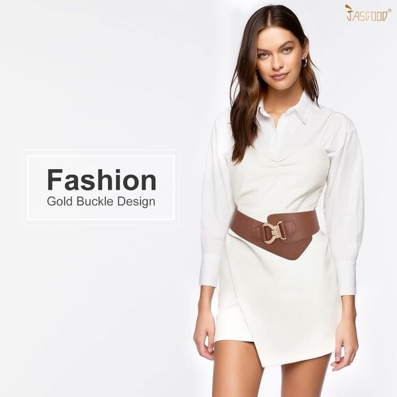 Women's Wide Elastic Stretch Waist Belt Adjustable Dress Belt Matte Brown Gold - Picture 2 of 7